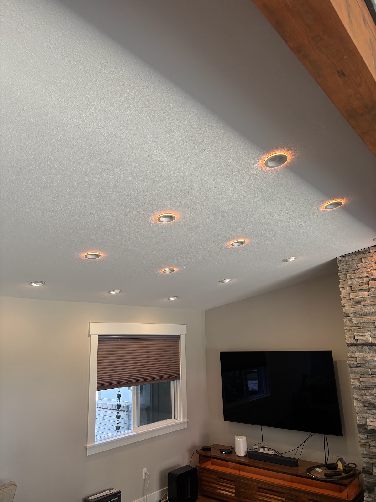 Media room ceiling with installed recessed lights